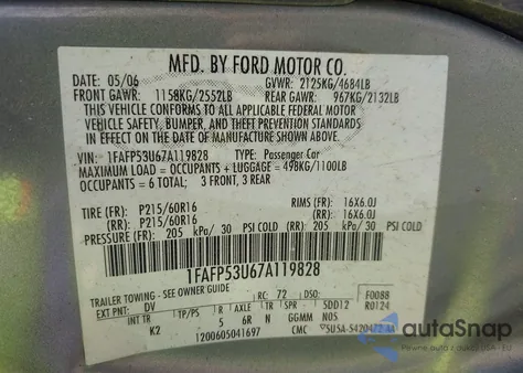 2007 Ford Taurus Se from USA, damaged, VIN 1FAFP53U67A119828
